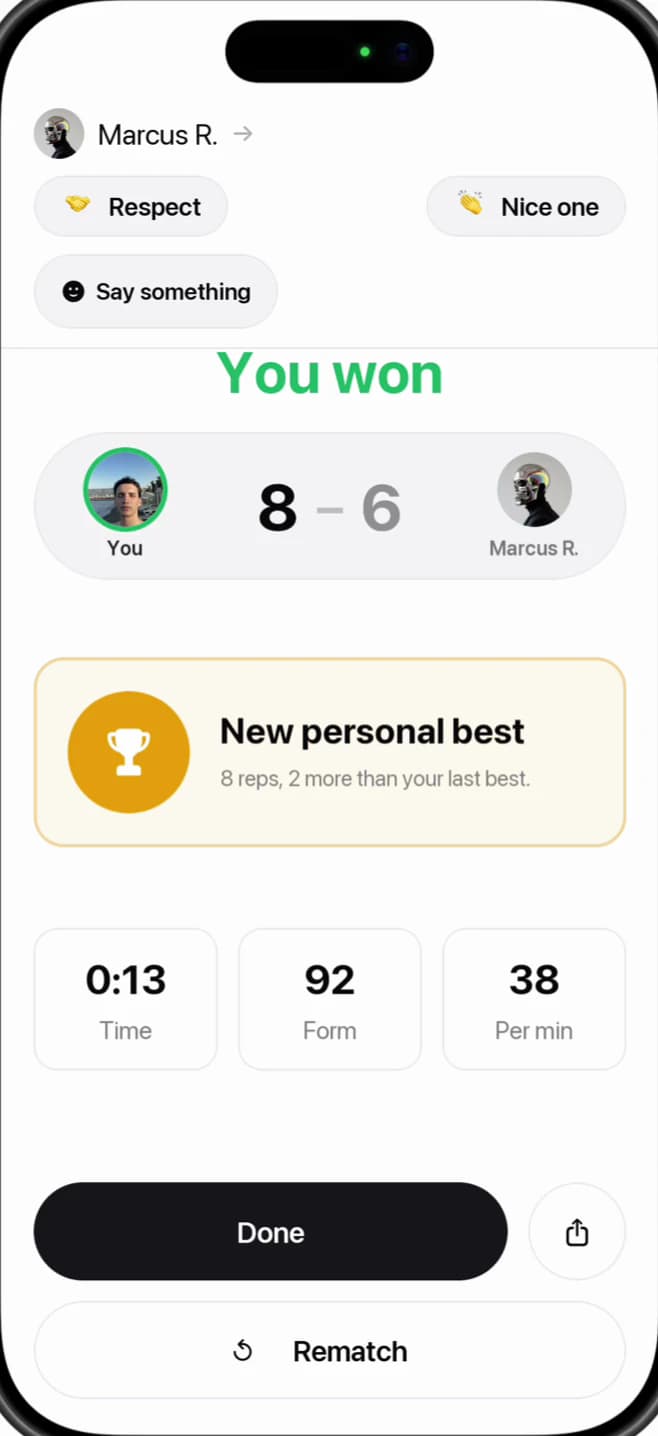 The end of a duel: You won, 8 to 6 against Marcus R., a new personal best of 8 reps, the set's time, form score and reps per minute, and a Rematch button. Two tapped reactions sit above it, Respect and Nice one.