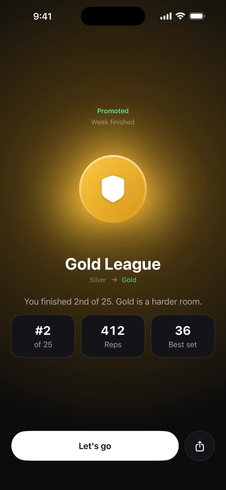 The PushRank promotion screen: a glowing gold shield, the word Promoted, Silver to Gold, and the week's finishing numbers below it.