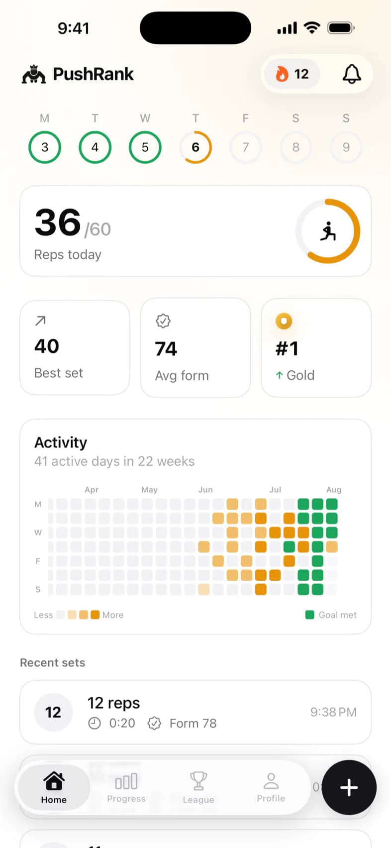 The PushRank home screen: today's reps against the goal, a week of rings, best set, average form, league place and a day-by-day activity grid.