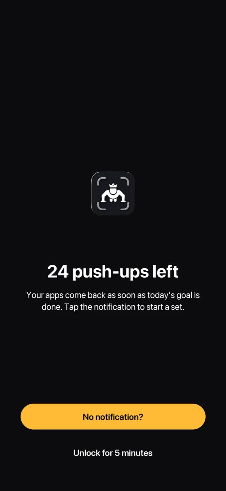 The PushRank shield standing in front of a blocked app. It reads 24 push-ups left, and your apps come back as soon as today's goal is done.